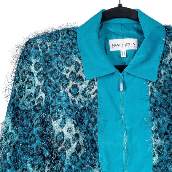 Nancy Bolen VTG Leopard Print Eyelash Jacket 4 Womens Teal Full Zip Fuzzy USA - Picture 2 of 5